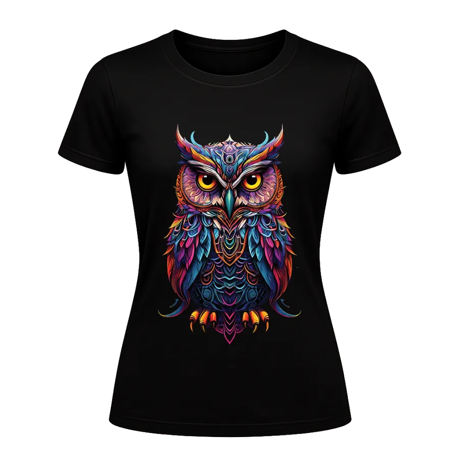 Psychedelic Owl printed on a t-shirt
