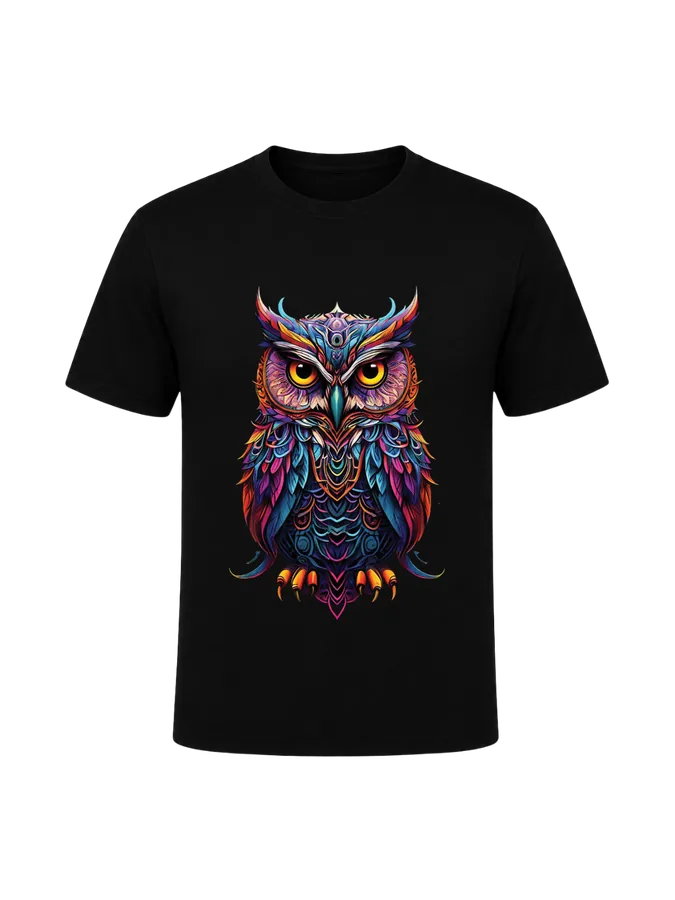 Psychedelic Owl printed on a t-shirt